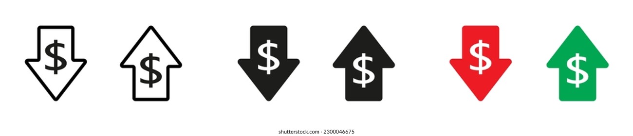 Increase, decrease dollar vector icons.  Losing money. Sign rise and fall of the dollar vector desing. EPS 10