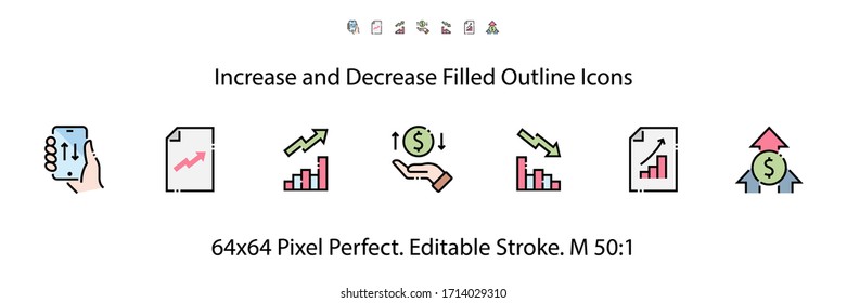 Increase and Decrease Filled Outline Icons. Colorful Linear Set Vector Line Icon. Finance Chart, Trend, Abstract Graph and more. 64x64 Pixel Perfect. Editable Stroke.