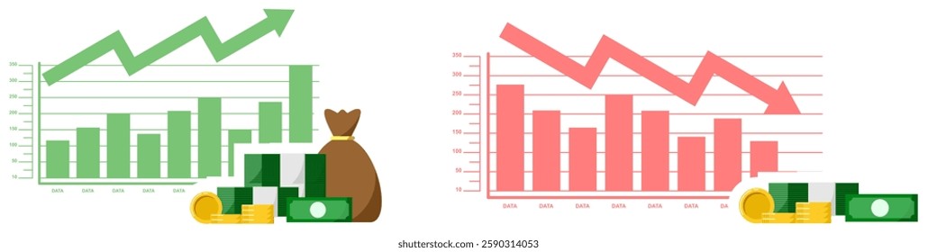 Increase and decrease funds icon vector showing financial growth and decline. Green rising trend with money stack, red falling trend with reduced funds. Perfect for banking, investment, and economy