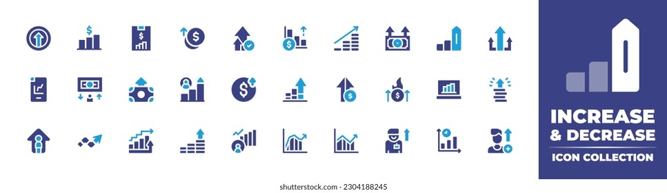 Increase and decrease icon collection. Duotone color. Vector illustration. Containing value, chart, analytics, growth, currency, money, increase, smartphone, wage, high value, profit, oil and gas.