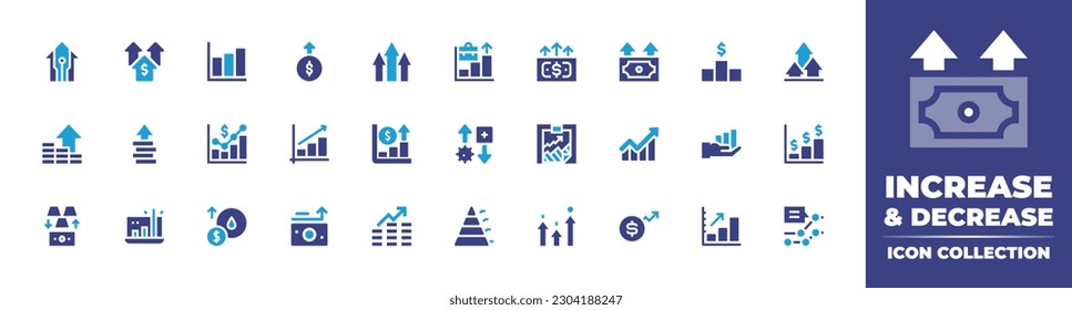 Aumentar y disminuir la colección de iconos. Color de duotona. Ilustración vectorial. Conteniendo crecimiento, beneficio, gráfico, ingresos, aumento, gráfico, ganancias, dinero, mejora, gráficos, virus, análisis.