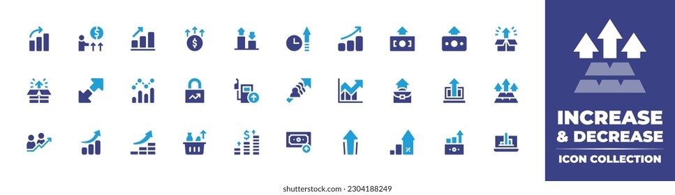 Aumentar y disminuir la colección de iconos. Color de duotona. Ilustración vectorial. Contener el aumento, el aumento, las empresas y las finanzas, el crecimiento, el dinero, la gasolina, el mejoramiento, la alimentación, el salario, el impulso.