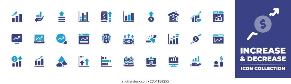 Increase and decrease icon collection. Duotone color. Vector illustration. Containing investment, growth, improve, bar chart, growing, profits, price up, web analytics, analytics, search chart, web.
