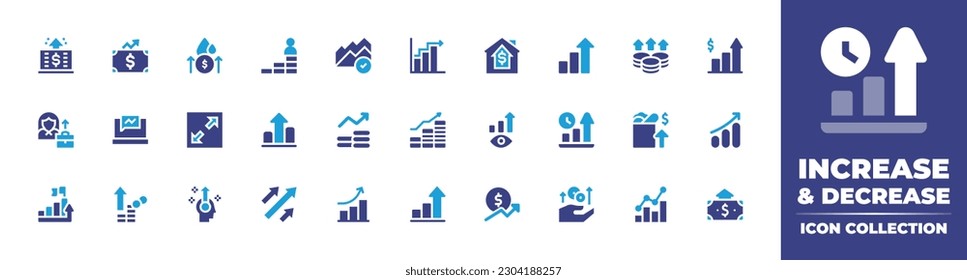 Aumentar y disminuir la colección de iconos. Color de duotona. Ilustración vectorial. Conteniendo ingresos, economía, refinería, ingresos, gráficos, aumento, crecimiento, beneficios, empresaria, burbuja del habla, redimensionamiento.