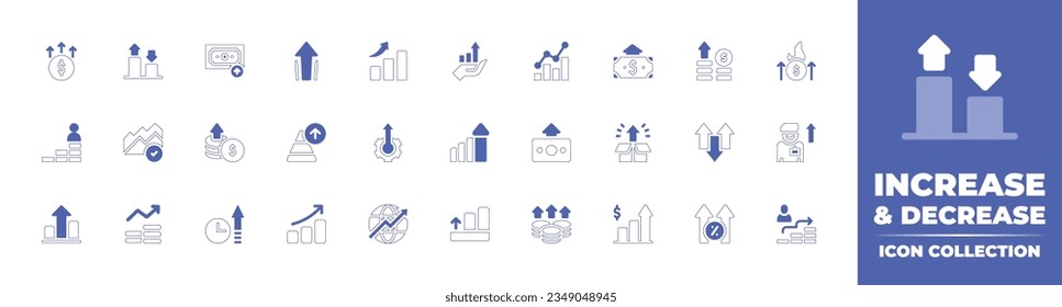 Aumentar y disminuir la colección de iconos. Curso de línea de estilo duotónico y negrita. Ilustración vectorial. Conteniendo el aumento, el crecimiento, el impulso, la inversión, el petróleo y el gas, los ingresos, los gráficos, el dinero y más.