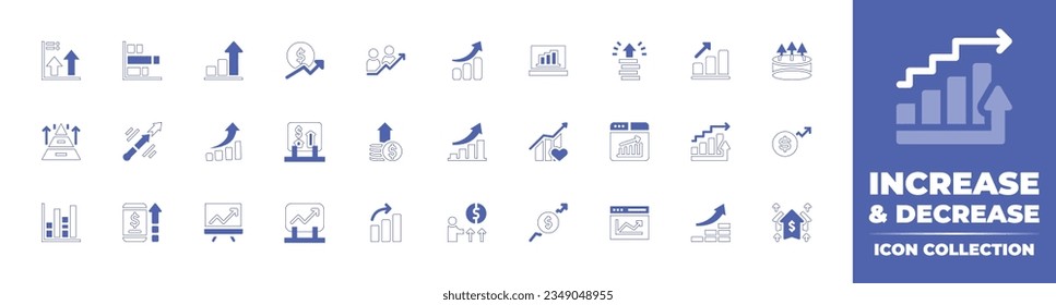 Increase and decrease icon collection. Duotone style line stroke and bold. Vector illustration. Containing profit, bar, chart, increase, growth, business, and, finance, graph, recovery, web, and more.