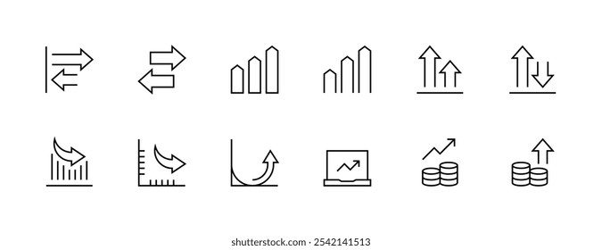 Symbolsammlung vergrößern und verkleinern. Wirtschaftswachstum, Finanzen, Unternehmen, Statistik, Zusammenfassung, Gewinn, Umsatzbericht und mehr. Bearbeitbarer Strich. Pixel perfekt. Gitterbasis 32px.