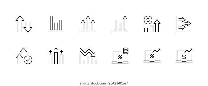 Aumentar e diminuir a coleção de ícones. Crescimento financeiro, ganhos, economia, estatísticas, resumo, crescimento, relatório de vendas e muito mais. Traçado editável. Pixel perfeito. Grade de 32px.