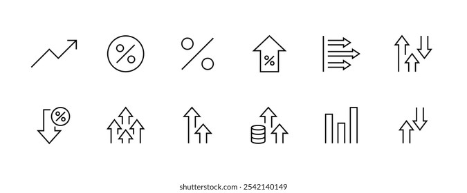 Ícone de aumento e diminuição definido. Crescimento dos negócios, finanças, economia, estatísticas, resumo, crescimento, contabilidade, aumentar o percentual e mais. Traçado editável. Pixel perfeito. Grade de 32px.
