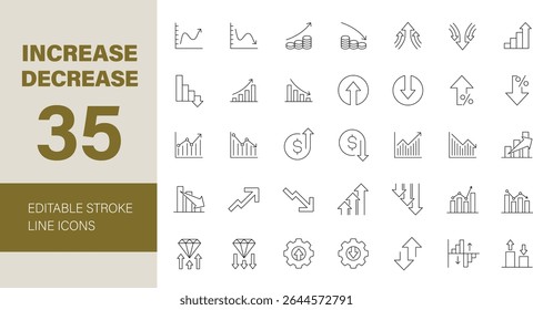 Ícone Aumentar e Diminuir definido. Gráficos de negócios ícones relacionados: análise, estatística, gráfico, gráfico, seta, crescimento e muito mais. Ícones de linha editáveis. Ilustração vetorial.	