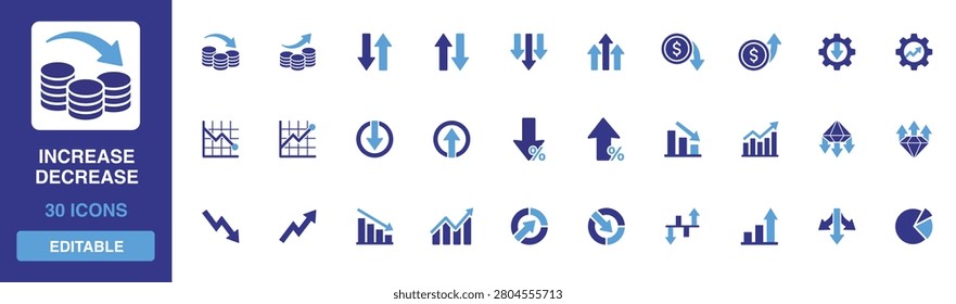 Increase Decrease icon set containing business growth trends, economic decline indicators, financial charts and market value fluctuation glyph designs for reports