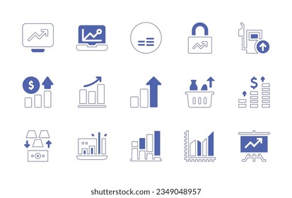 Increase and decrease icon set. Duotone style line stroke and bold. Vector illustration. Containing analytics, graph, increase, gasoline, statistics, improve, growth, food, salary, gold, ingots.