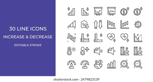 Increase and decrease icon set vector illustration stroke editable. gold, chart, presentation and more