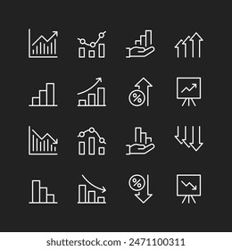 Increase and decrease icons, white on black background. Charts, figures showing rises, falls. Growth, success, failure, negative outcomes. Customizable line thickness