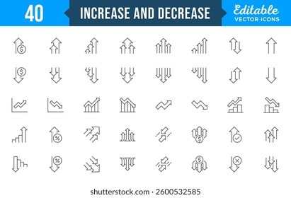 Increase and Decrease line Editable Icons set. Graph, Diagram, business growth, finance, economy, statistics, summary, profit, pictogram, fall, arrow up, down
and more Simple vector icons.