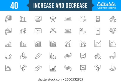 Increase and Decrease line Editable Icons set. Graph, Diagram, business growth, finance, economy, statistics, summary, profit, pictogram, fall, arrow up, down
and more Simple vector icons.