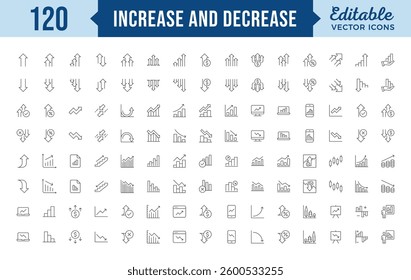 Increase and Decrease line Editable Icons set. Graph, Diagram, business growth, finance, economy, statistics, summary, profit, pictogram, fall, arrow up, down
and more Simple vector icons.