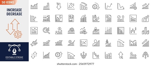 Increase and Decrease line Editable Stroke Icons set. Vector Illustration. Containing Icons: chart, graph, arrow, and more.