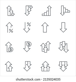 Increase and Decrease Line Icons stock illustration. The vector image depicts such icons as Arrow, Chart, Diagram, Finance and Economy, Direction, Graph, Growth, Interest Rate, Investment, Performance