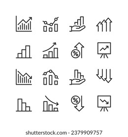 Aumentar y disminuir, los iconos de estilo lineal se establecen. Gráficos y cifras con aumentos y disminuciones. Levantándose y cayendo. Crecimiento, éxito y fracaso, resultado negativo. Ancho de trazo editable