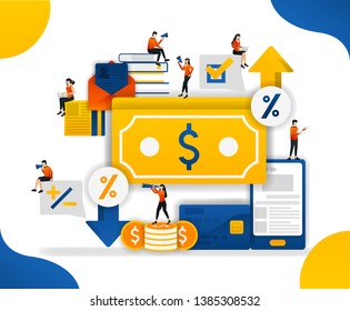 Increase and decrease in prices on money and commodity goods. money trading to determine percentage of currency, concept vector illustration. can use for ui, web, mobile app, poster, banner, website