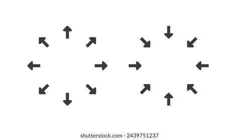 Increase decrease radial arrows icon vector, expand shrink ui simple symbol, resize scale up down sign, expansion reduction element size tool, getting smaller bigger circle, maximize minimize image