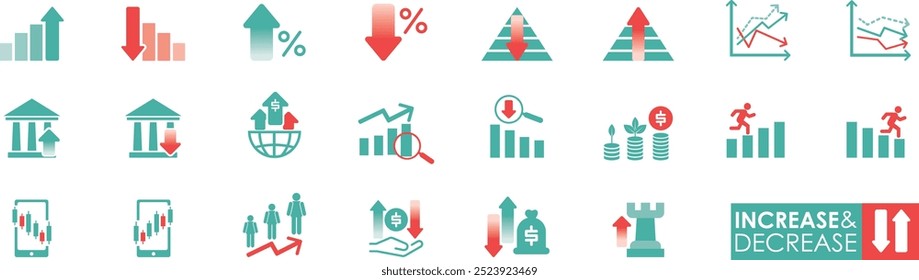 Increase and decrease solid icon set, Arrow Growth icon, and statistic symbol set. Business growth icon, increase, personal development, graph, and chart-related line vector