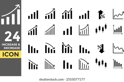 Increase and Decrease solid icon set. Growth icon and statistic symbol. Business growth icon, increase, personal development. Business money cash increase signs
