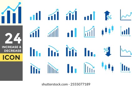 Increase and Decrease solid icon set. Growth icon and statistic symbol. Business growth icon, increase, personal development. Business money cash increase signs