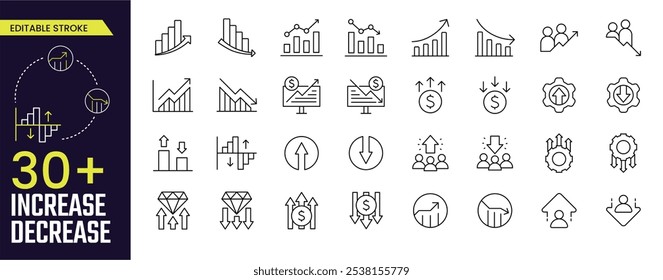 Aumentar y disminuir las colecciones de iconos de trazo. Contiene iconos de aumento, disminución, crecimiento, caída, arriba y abajo. Icono de trazo editable colecciones.