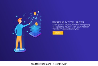 Increase digital profit, business development strategy, online revenue growth flat 3D isometric banner