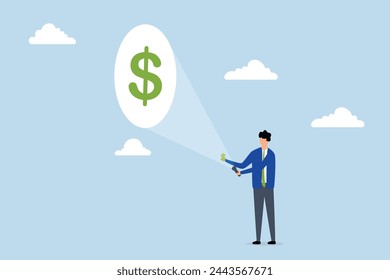 increase earning from investment, investor using a flashlight aiming at a small dollar with a large dollar bill sticking out in his hand