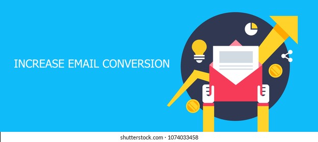 Increase Email Conversion, Email Open Rate, Email Marketing Flat Vector Banner With Icons