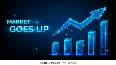 Increase in the exchange rate or stocks in the market goes up, bull market - low polygonal diagram with an upward arrow, vector illustration