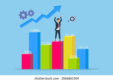 Increase finance vector concept. Happy businessman standing on growth finance chart with upward arrow background