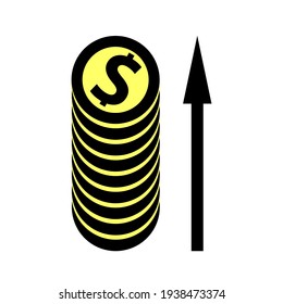 Increase in financial profit. Growing wealth. A stack of coins and an up arrow. Vector illustration icon in a simple style.