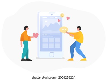 Increase Followers, Likes On Social Media Page. Two People Stand Near Big Phone. Modern Vector Illustration