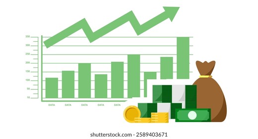 Increase fund icon vector featuring a growing bar chart, upward arrow, and money symbols, representing financial growth, investment, and profit. Clean, modern, and minimalistic design.