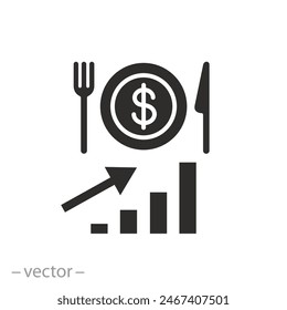 increase grocery crisis icon, rising price for food, up graph, flat symbol on white background - vector illustration
