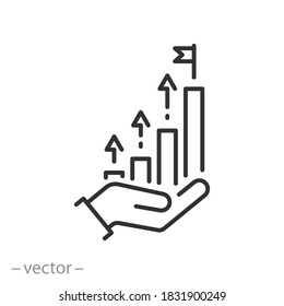 icono económico de aumento, informe de progreso de marketing, objetivo de ingresos financieros, concepto de objetivo comercial, símbolo web de línea delgada sobre fondo blanco - ilustración de vector de trazo editable eps10