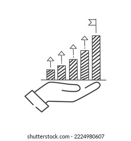 icono económico de aumento, informe de progreso de marketing, objetivo de ingresos financieros, concepto de objetivo comercial, símbolo web de línea delgada sobre fondo blanco - ilustración de vector de trazo editable eps10