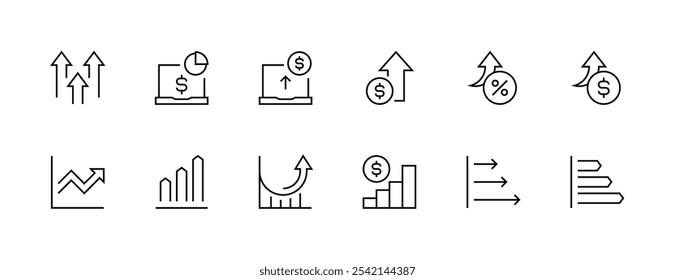 Aumentar e aumentar a coleção de ícones. Crescimento empresarial, finanças, economia, estatísticas, resumo, crescimento, investimento, gráfico e muito mais. Traçado editável. Pixel perfeito. Grade de 32px.