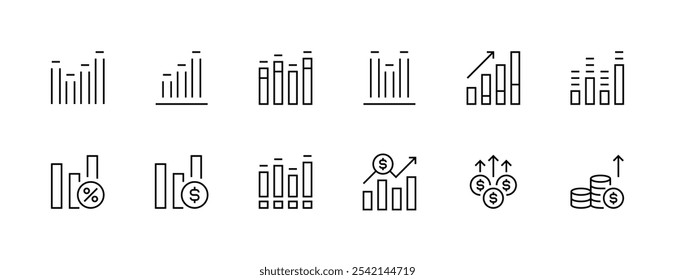 Aumentar e aumentar a coleção de ícones. Crescimento financeiro, negócios, economia, estatísticas, resumo, crescimento, investimento, gráfico e muito mais. Traçado editável. Pixel perfeito. Grade de 32px.