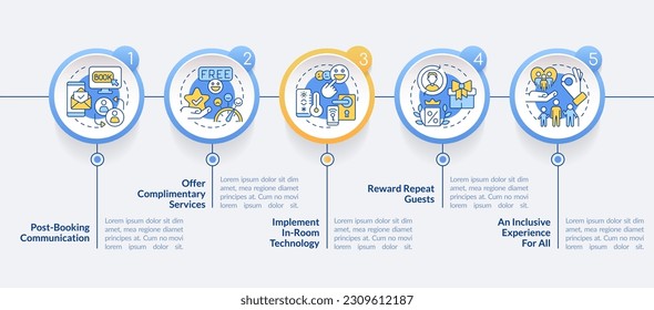 Increase guest satisfaction in hotels circle infographic template. Data visualization with 5 steps. Editable timeline info chart. Workflow layout with line icons. Lato-Bold, Regular fonts used