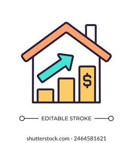 Increase in home prices RGB color icon. Upward trend graph and a dollar sign. Economic growth. Real estate market. Isolated vector illustration. Simple filled line drawing. Editable stroke