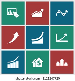 Increase icon. collection of 9 increase filled icons such as graph, chart, arrow up, dolar growth. editable increase icons for web and mobile.