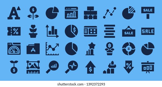 increase icon set. 32 filled increase icons. on blue background style Simple modern icons about  - Font, Sale, Speed, Growth, Graphic, Graph, Line chart, Statistics, Chart, Stats