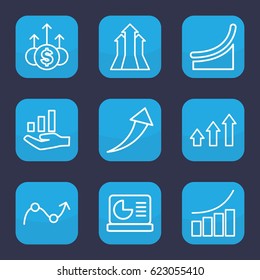 Increase icon. set of 9 outline increase icons such as graph, chart on display, graph on hand, chart, arrows up, arrow up
