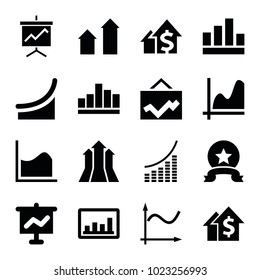 Increase icons. set of 16 editable filled increase icons such as arrow up, graph, dolar growth, graph on board, chart, arrows up