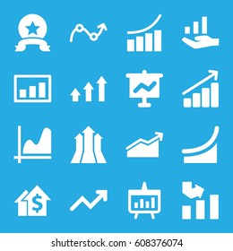 Increase icons set. set of 16 increase filled icons such as graph, chart, graph on hand, arrows up, medal, dolar growth